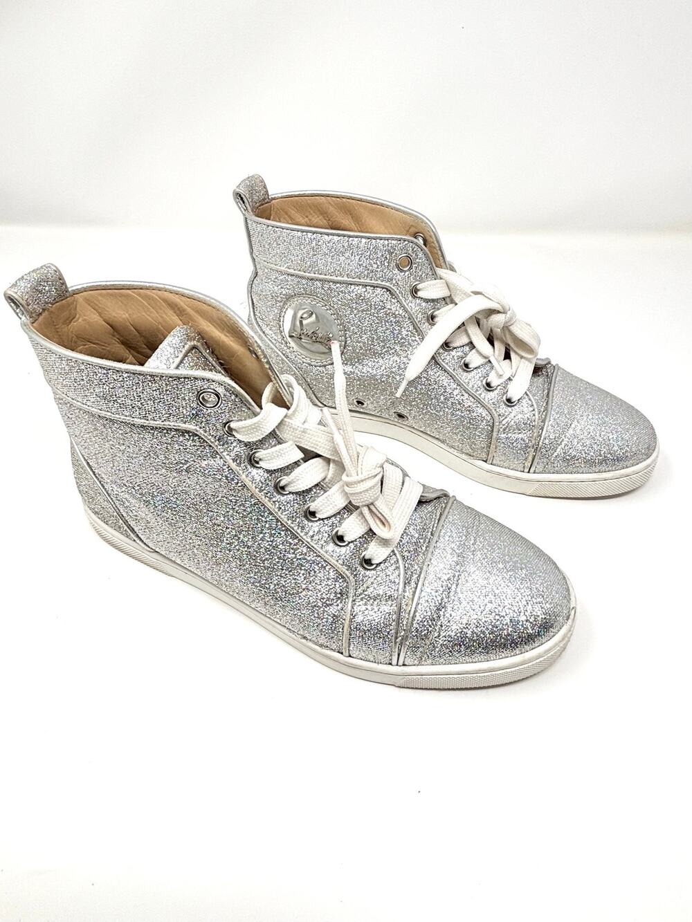 Christian Louboutin Bip Bip Orlato Flat Silver Glitter High Top Sneakers EU 39